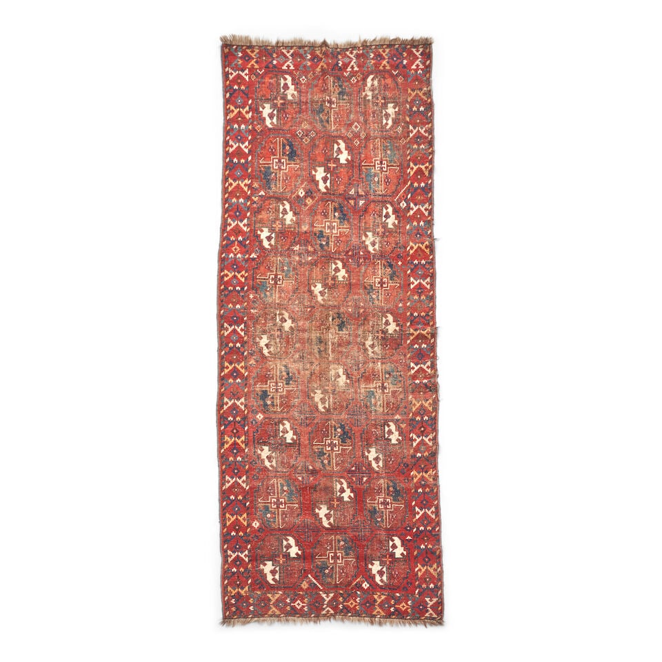 Early Ersari Long Rug Turkestan 4 ft. x 11 ft. 5 in.: Early Ersari Long Rug Turkestan c. 1800 or earlier, large and spaciously drawn guls, soft and thick weave. A pleasant brick-red field with deep teal and gold-yellow highlights. 4 ft. x 11 ft. 5