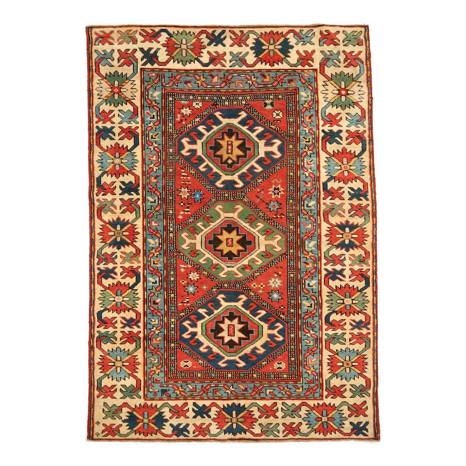 Caucasian Rug Caucasus 3 ft. 7 in. x 5 ft. 5 in.: Caucasian Rug Caucasus c. late 19th century 3 ft. 7 in. x 5 ft. 5 in. For further information on this lot please visit Bonhams.com For further information about this lot please visit the lot listing
