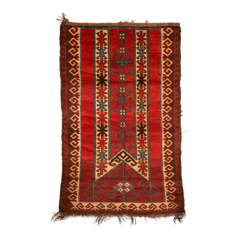 Kyrgyz Rug Kyrgyzstan 3 ft. 1 in. x 5 ft. 2 in.: Kyrgyz Rug Kyrgyzstan c. 1920, a charming piece in good condition, a well-drawn example. 3 ft. 1 in. x 5 ft. 2 in. For further information on this lot please visit Bonhams.com For further information