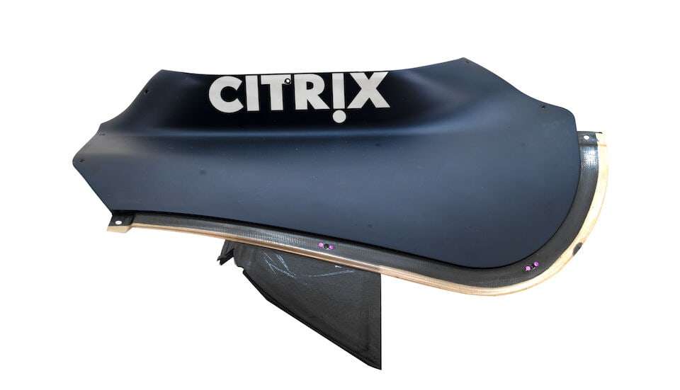A 2019 Red Bull RB15 side pod top section from Max Verstappen's car,: A 2019 Red Bull RB15 side pod top section from Max Verstappen's car, carbon fibre, in blue, with sponsors logo, with signs of wear, numbered RB15-BO-01635_01#101 to underside, approximately 62cm