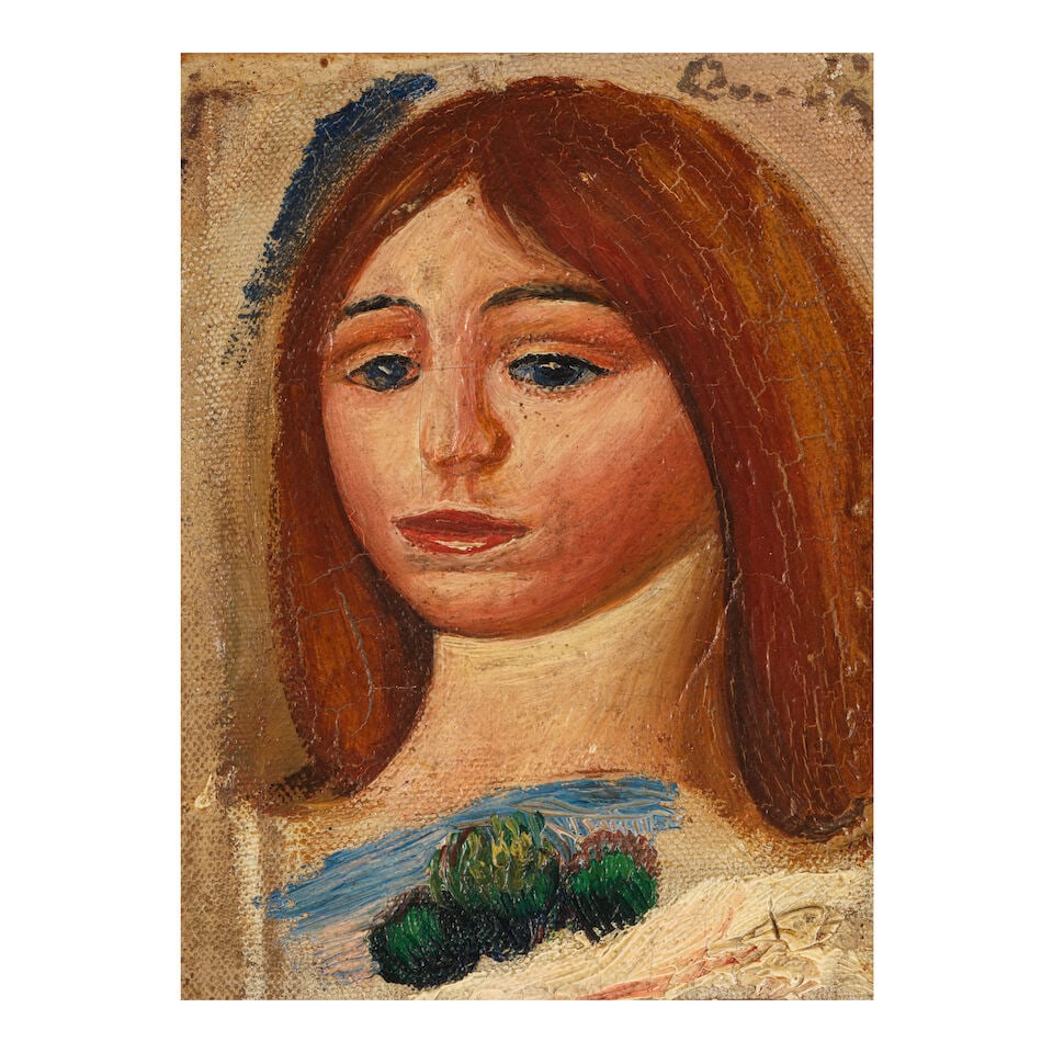 PIERRE-AUGUSTE RENOIR (1841-1919) Tête de femme et paysage, also titled L'Italienne 4 3/4 x...: PIERRE-AUGUSTE RENOIR (1841-1919) Tête de femme et paysage, also titled L'Italienne signed 'Renoir' (upper right) oil on canvas 4 3/4 x 3 9/16 in (12.1 x 9 cm) Painted circa 1885 Footnotes: This