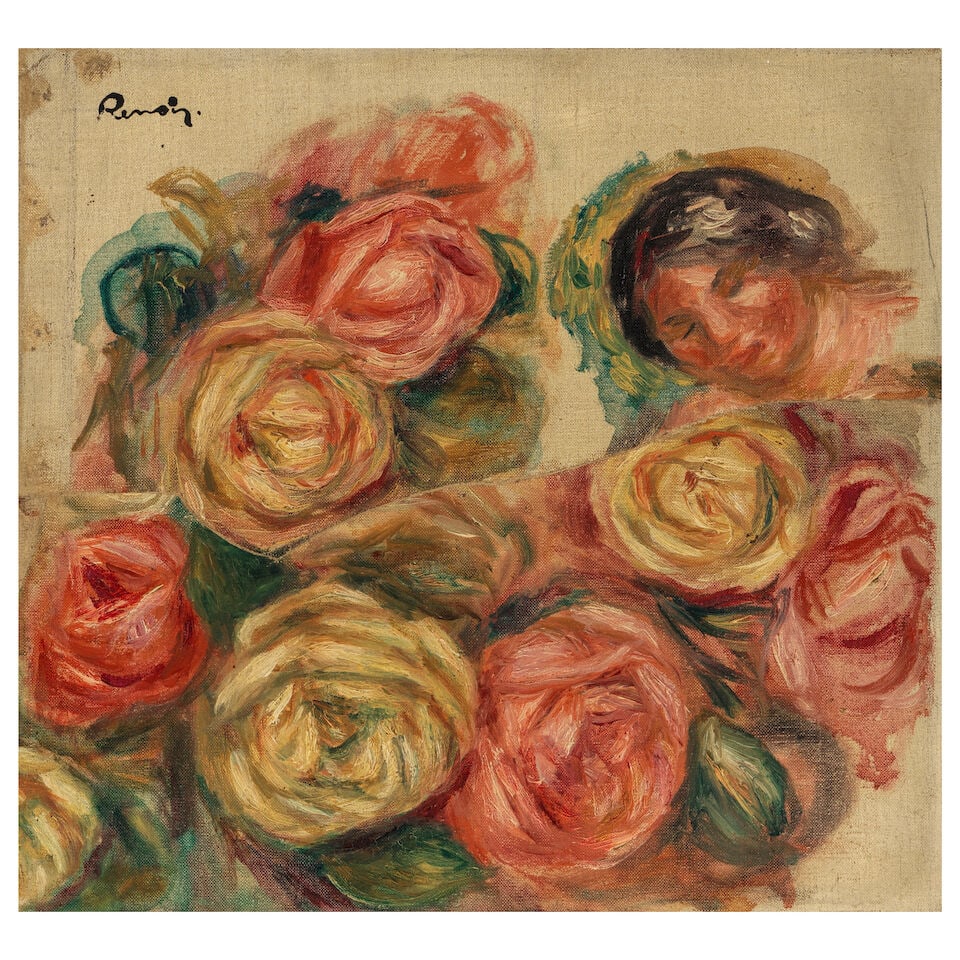 PIERRE-AUGUSTE RENOIR (1841-1919) Roses et tête de Gabrielle 12 3/16 x 13 in (31 x 33 cm) (...: PIERRE-AUGUSTE RENOIR (1841-1919) Roses et tête de Gabrielle stamped with the artist's signature 'Renoir' (upper left) oil on two joined canvases 12 3/16 x 13 in (31 x 33 cm) Painted circa 1912 F