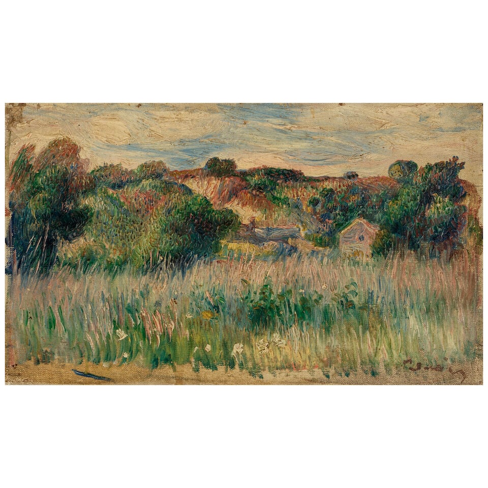 PIERRE-AUGUSTE RENOIR (1841-1919) Paysage avec une maisonnette 5 1/8 x 8 3/8 in (13 x 21 cm) (Pa...: PIERRE-AUGUSTE RENOIR (1841-1919) Paysage avec une maisonnette signed 'Renoir' (lower right) oil on canvas 5 1/8 x 8 3/8 in (13 x 21 cm) Painted in 1887 Footnotes: This work will be included in the fo
