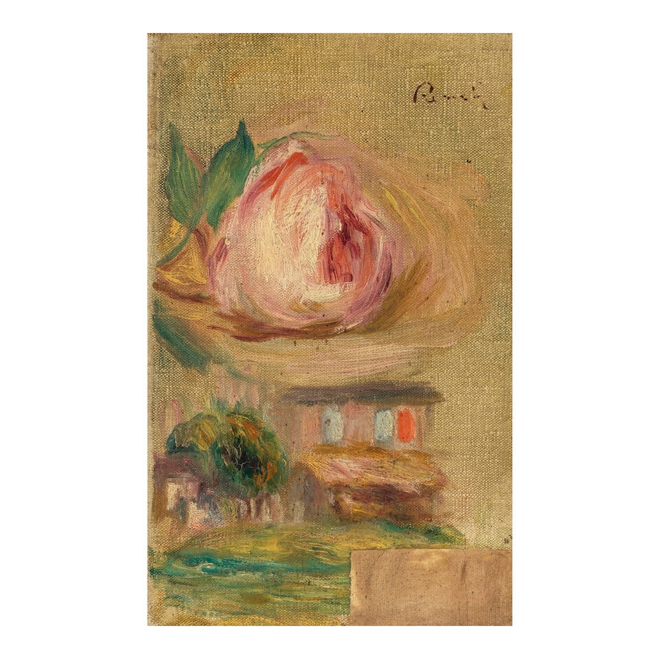 PIERRE-AUGUSTE RENOIR (1841-1919) Étude de rose et maison 10 11/16 x 6 11/16 in (27.1 x 17 ...: PIERRE-AUGUSTE RENOIR (1841-1919) Étude de rose et maison stamped with the artist's signature 'Renoir.' (upper right) oil on canvas 10 11/16 x 6 11/16 in (27.1 x 17 cm) Painted circa 1902 Footnot