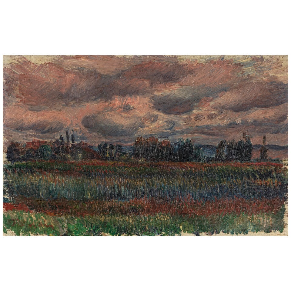 PIERRE-AUGUSTE RENOIR (1841-1919) Paysage nuageux 7 1/16 x 11 in (18 x 28 cm) (Painted circa 1885): PIERRE-AUGUSTE RENOIR (1841-1919) Paysage nuageux signed 'Renoir' (lower left) oil on canvas 7 1/16 x 11 in (18 x 28 cm) Painted circa 1885 Footnotes: This work will be included in the forthcoming Pie