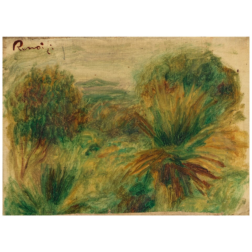 PIERRE-AUGUSTE RENOIR (1841-1919) Paysage de Provence 6 3/4 x 9 1/16 in (17.2 x 23 cm) (Painted ...: PIERRE-AUGUSTE RENOIR (1841-1919) Paysage de Provence stamped with the artist's signature 'Renoir' (upper left) oil on canvas 6 3/4 x 9 1/16 in (17.2 x 23 cm) Painted circa 1900 Footnotes: This work w