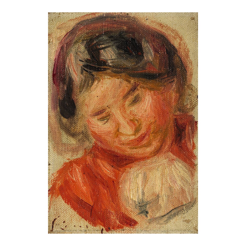 PIERRE-AUGUSTE RENOIR (1841-1919) Portrait de Gabrielle 5 9/16 x 4 in (14.2 x 10 cm) (Painted in...: PIERRE-AUGUSTE RENOIR (1841-1919) Portrait de Gabrielle stamped with the artist's signature 'Renoir.' (lower left) oil on canvas 5 9/16 x 4 in (14.2 x 10 cm) Painted in 1913 Footnotes: This work will 