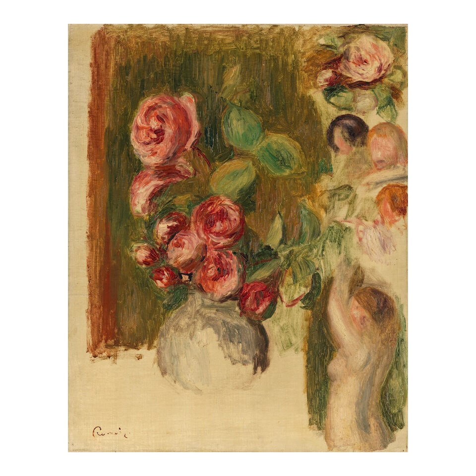 PIERRE-AUGUSTE RENOIR (1841-1919) Étude de roses, de têtes et de nus 16 1/8 x 13 1/16 ...: PIERRE-AUGUSTE RENOIR (1841-1919) Étude de roses, de têtes et de nus stamped with the artist's signature 'Renoir' (lower left) oil on canvas 16 1/8 x 13 1/16 in (41 x 33.2 cm) Painted circa 