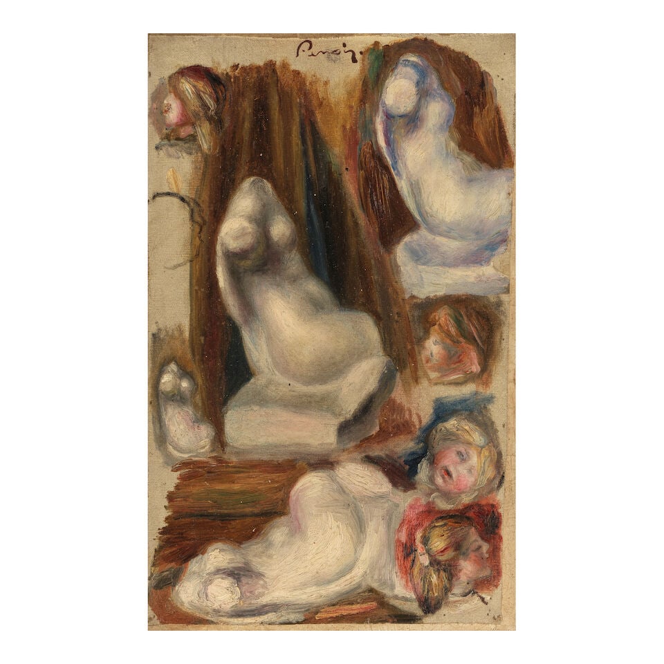 PIERRE-AUGUSTE RENOIR (1841-1919) Étude de têtes et de buste de Maillol 13 1/4 x 8 1/4...: PIERRE-AUGUSTE RENOIR (1841-1919) Étude de têtes et de buste de Maillol stamped with the artist's signature 'Renoir.' (upper center) oil on canvas laid down on canvas 13 1/4 x 8 1/4 in (33.5