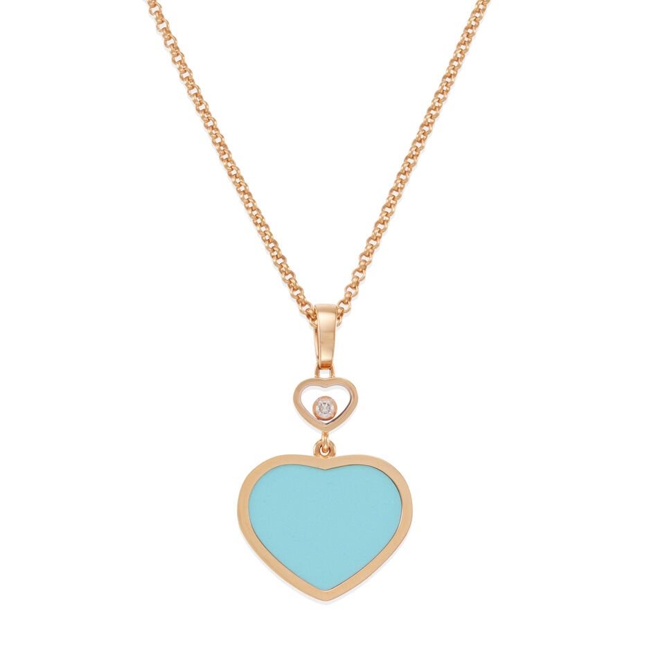 CHOPARD: 18K GOLD, TURQUOISE, AND DIAMOND 'HAPPY HEARTS' NECKLACE: CHOPARD: 18K GOLD, TURQUOISE, AND DIAMOND 'HAPPY HEARTS' NECKLACE •18k rose gold •1 round diamond weighing approximately 0.05 carats total •1 carved turquoise heart •Signed