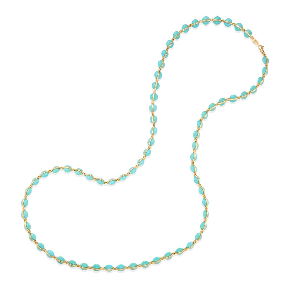 IPPOLITA: 18K GOLD AND TURQUOISE NECKLACE: IPPOLITA: 18K GOLD AND TURQUOISE NECKLACE • 18k yellow gold • Numerous rounded turquoise disks measuring approximately 10.14 mm • Signed IPPOLITA • Length 40 in •