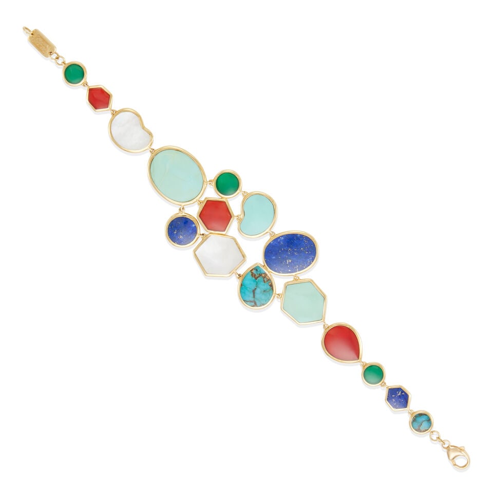 IPPOLITA: 18K GOLD AND MULTI-GEM BRACELET: IPPOLITA: 18K GOLD AND MULTI-GEM BRACELET •18k yellow gold •16 various round, oval, pear shape, and free form cabochon stones including dyed chalcedony, carnelian, mother-of-pearl, turquoi