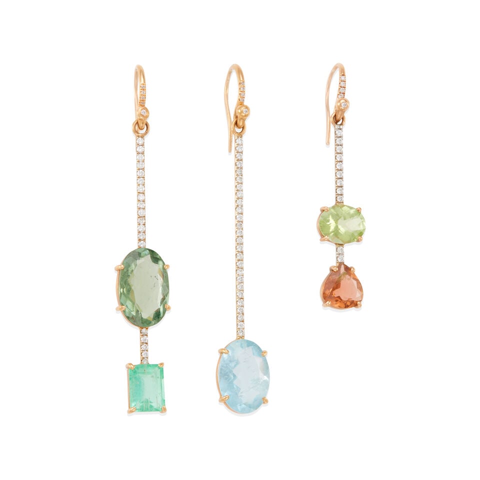 IRENE NEUWIRTH: THREE 18K GOLD, GEMSTONE AND DIAMOND EARRINGS: IRENE NEUWIRTH: THREE 18K GOLD, GEMSTONE AND DIAMOND EARRINGS • 18K yellow and white gold • Set with 5 colored stones consisting of aquamarine, tourmaline, and beryl • Numerous round