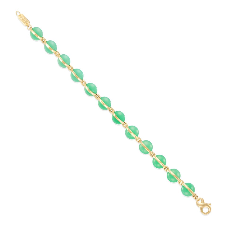 IPPOLITA: 18K GOLD AND CHRYSOPRASE CHALCEDONY BRACELET: IPPOLITA: 18K GOLD AND CHRYSOPRASE CHALCEDONY BRACELET • 18k yellow gold • 12 green chalcedony rounded disks measuring approximately 10.03 mm • Signed IPPOLITA • Length 8 in. &