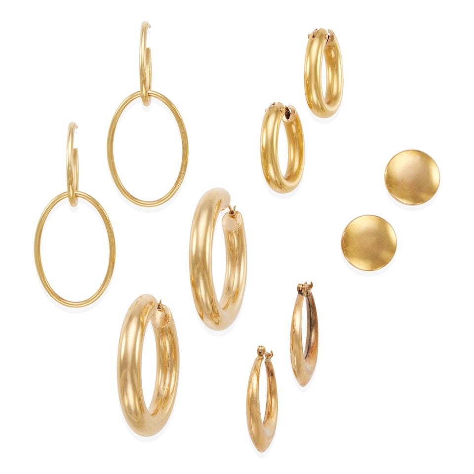GROUP OF FIVE PAIRS OF GOLD EARRINGS: GROUP OF FIVE PAIRS OF GOLD EARRINGS •14k yellow gold round ear studs, diameter: 15.00 mm •18k yellow gold oval hoop earrings, length: 7/8 in •14k yellow gold round hoop earrings,
