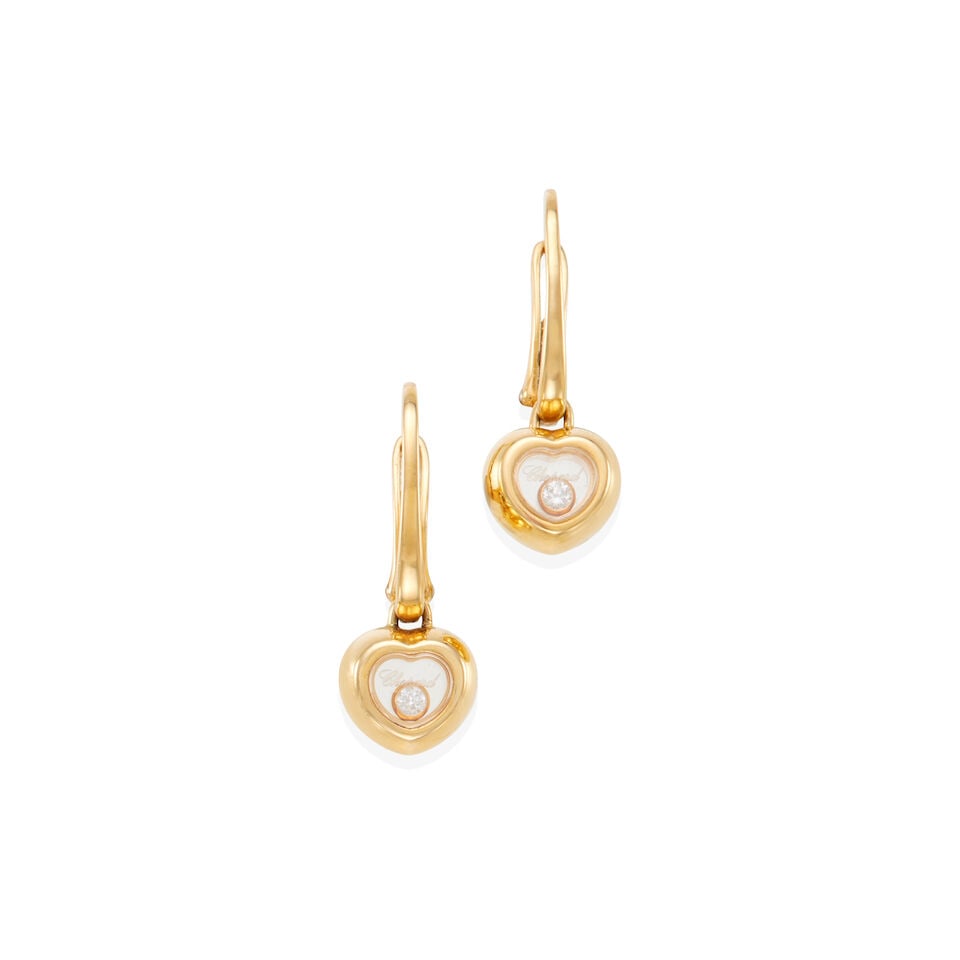 CHOPARD 'HAPPY DIAMOND': PAIR 18K GOLD AND DIAMOND EARRINGS: CHOPARD 'HAPPY DIAMOND': PAIR 18K GOLD AND DIAMOND EARRINGS • 18k yellow gold • 2 round diamonds weighing approximately 0.05 - 0.10 carat total • Signed Chopard • Measures