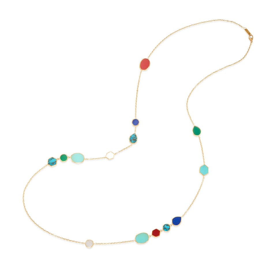 IPPOLITA: 18K GOLD AND GEM-SET NECKLACE: IPPOLITA: 18K GOLD AND GEM-SET NECKLACE • 18k yellow gold • Numerous bezel set gem slices including lapis lazuli, turquoise, mother of pearl and chalcedony • Signed IPPOLITA •