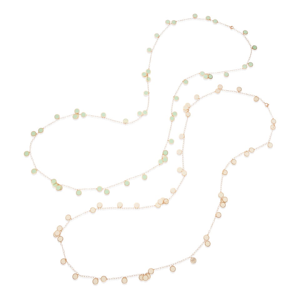 CHANTECLER: TWO 18K GOLD AND ENAMEL NECKLACES: CHANTECLER: TWO 18K GOLD AND ENAMEL NECKLACES •18k rose gold necklace with numerous round cream color enameled tag pendants, length: 48 in •18k rose gold necklace with numerous round