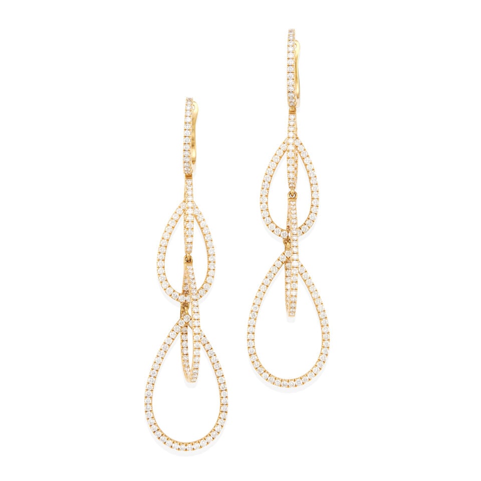 PAIR OF 18K GOLD AND DIAMOND EARRINGS: PAIR OF 18K GOLD AND DIAMOND EARRINGS • 18k yellow gold • Numerous round diamonds weighing approximately 1.45 - 1.55 carat total • Measures 2 1/2 x 1/2 in. • Estimated gross