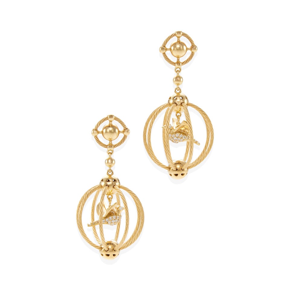PAUL MORELLI: PAIR 18K GOLD AND BIRDCAGE EARRINGS: PAUL MORELLI: PAIR 18K GOLD AND BIRDCAGE EARRINGS • 18K yellow gold • Bird charm suspended with melee diamonds • Both earrings with maker's mark • Length 1 1/4 in. •