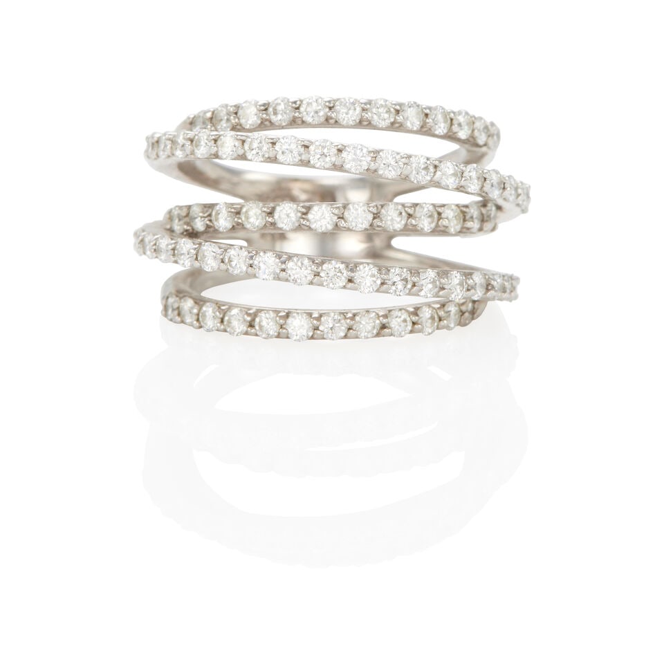 14K GOLD AND DIAMOND RING: 14K GOLD AND DIAMOND RING • 14k white gold • Numerous round diamonds weighing approximately 1.10 - 1.20 carat total • Maker's mark • Size 5 • Estimated gross weight: 7.7