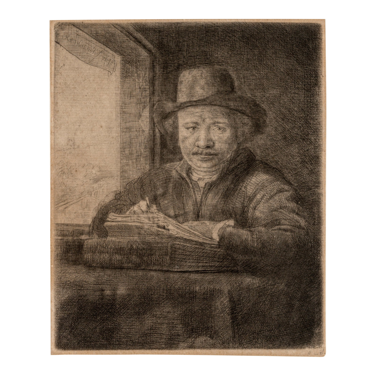 Rembrandt Harmensz van Rijn (1606-1669); Self-Portrait Etching at a Window;: Rembrandt Harmensz van Rijn (1606-1669) Self-Portrait Etching at a Window (Bartsch, Hollstein 22, Hind 229, New Hollstein 240), 1648 Etching and drypoint laid paper with partial indecipherable waterma