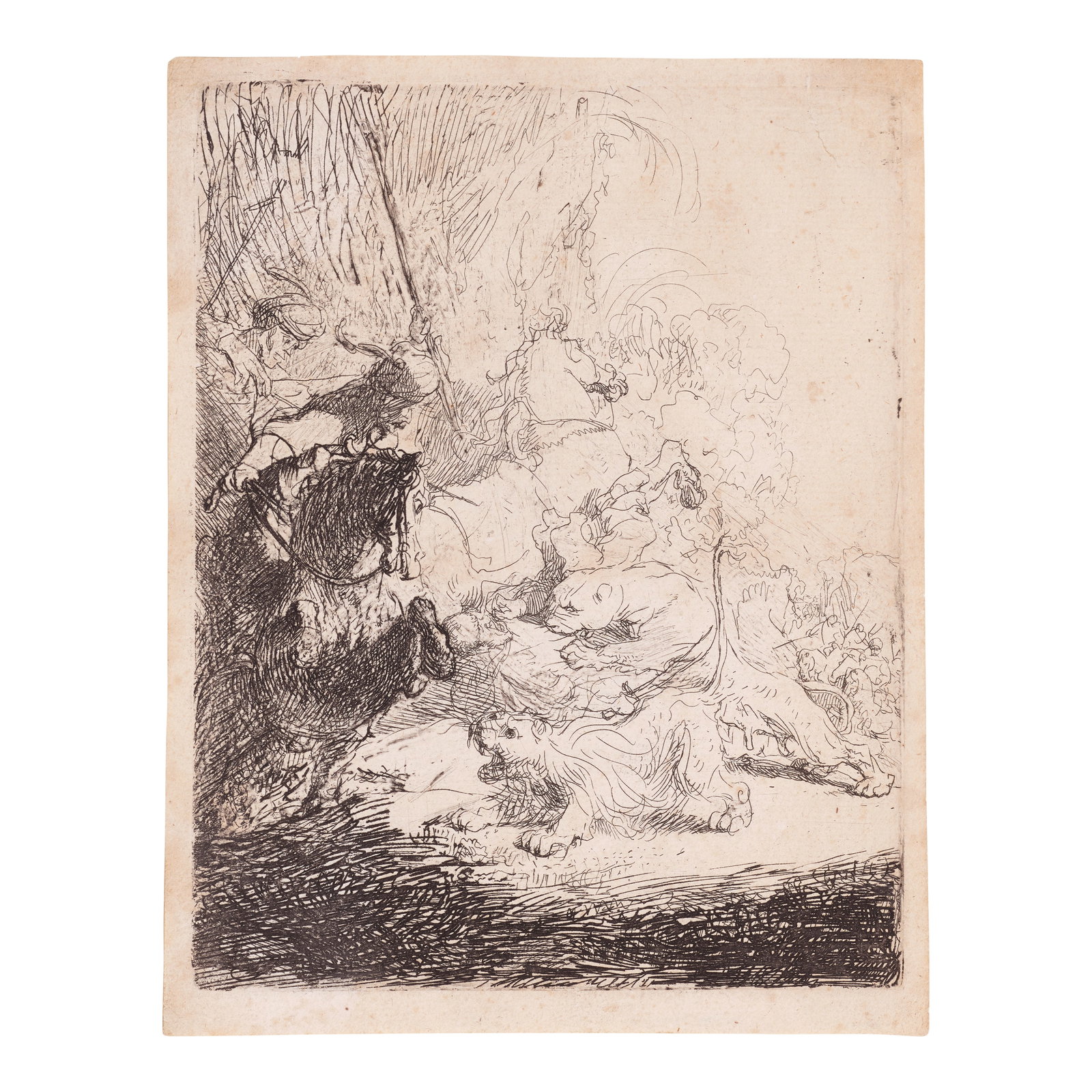Rembrandt Harmensz van Rijn (1606-1669); The Small Lion Hunt with Two Lions;: Rembrandt Harmensz van Rijn (1606-1669) The Small Lion Hunt with Two Lions (Bartsch, Hollstein 115, Hind 18, New Hollstein 28), c. 1629 Etching on laid paper with indistinct watermark, New Hollstein's