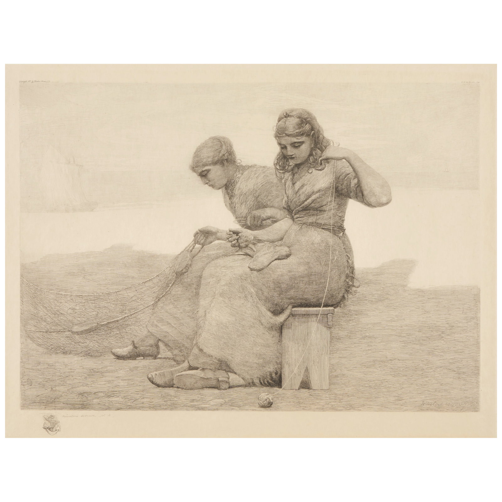 Winslow Homer (1836-1910); Mending the Tears;: Winslow Homer (1836-1910) Mending the Tears (Goodrich 97), 1888 Etching on simili japon paper, signed in pencil and annotated 'N.A.', with the anchor remarque, with the etched lines of the artist and