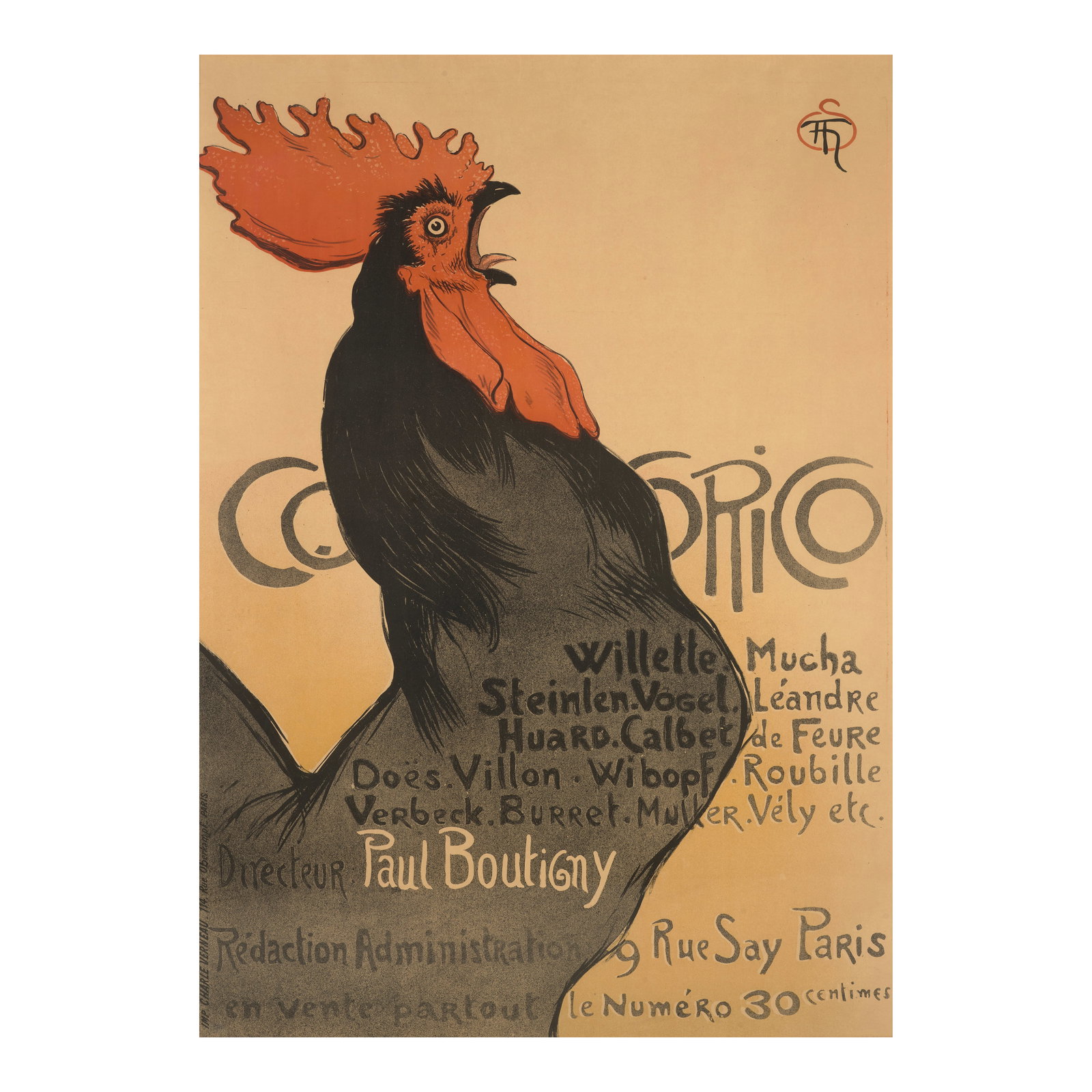 Théophile Alexandre Steinlen (1859-1923); Cocorico;: Théophile Alexandre Steinlen (1859-1923) Cocorico (Crauzat 502), 1899 Lithographic poster in colors on wove paper linen-backed, with the printed monogram of the artist, printed by Charles Verneau