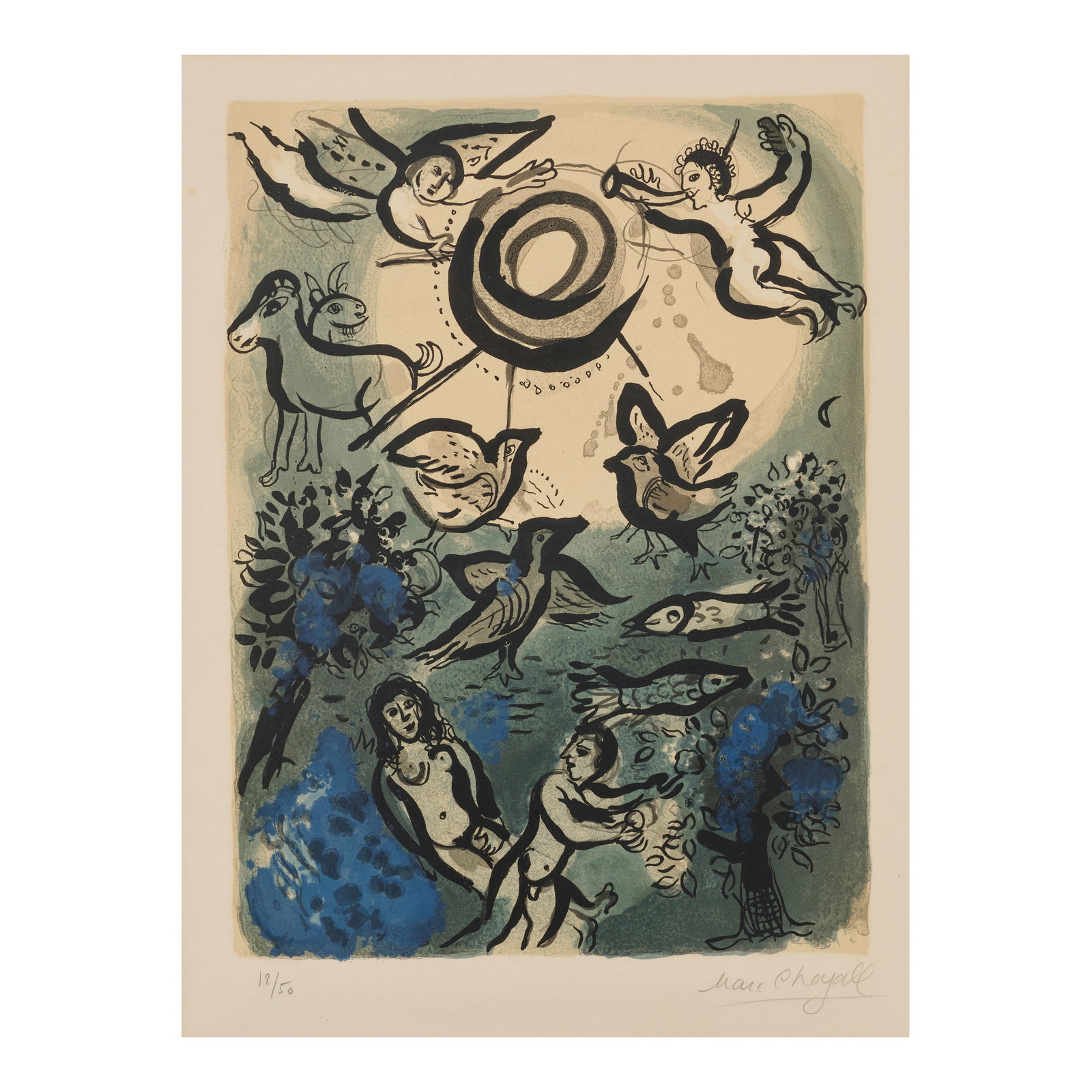 Marc Chagall (1887-1985); Création;: Marc Chagall (1887-1985) Création (Mourlot 234), 1960 Lithograph in colors on Arches paper, signed in pencil and numbered 18/50 (aside from the unsigned edition of 6,500), published/printed by Ve