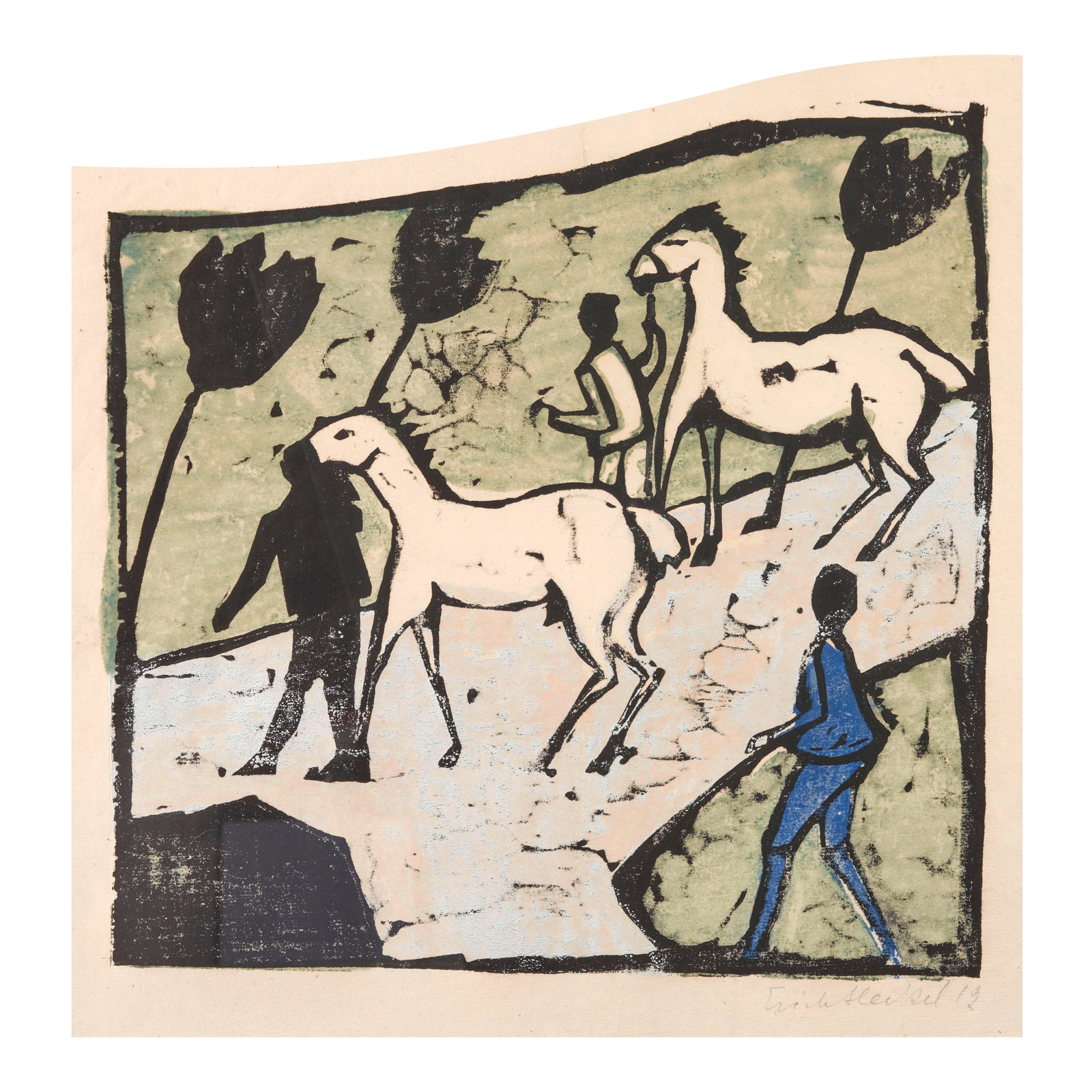 Erich Heckel (1883-1970); Weisse Pferde;: Erich Heckel (1883-1970) Weisse Pferde (Dube H 242), 1912 Woodcut printed from two blocks in black, green, powder blue, and dark blue on J. W. Zanders laid paper with rampant lion and JWZ initials wat