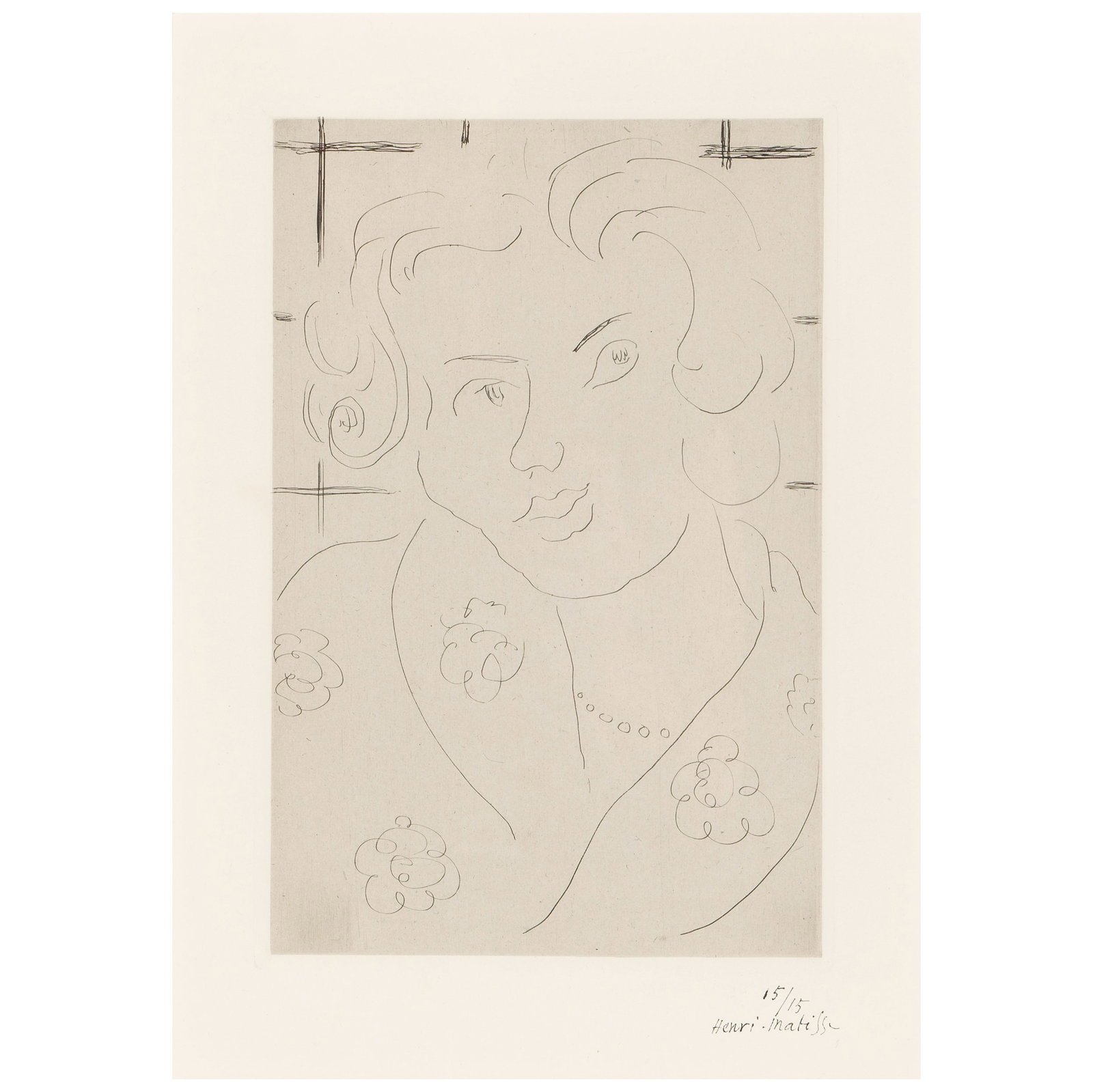Henri Matisse (1869-1954); Buste, robe fleurie;: Henri Matisse (1869-1954) Buste, robe fleurie (Duthuit 137), 1929 Etching on chine appliqué with Arches support, signed in ink and numbered 15/15, with full margins, framed. plate 8 15/16 x 6in (