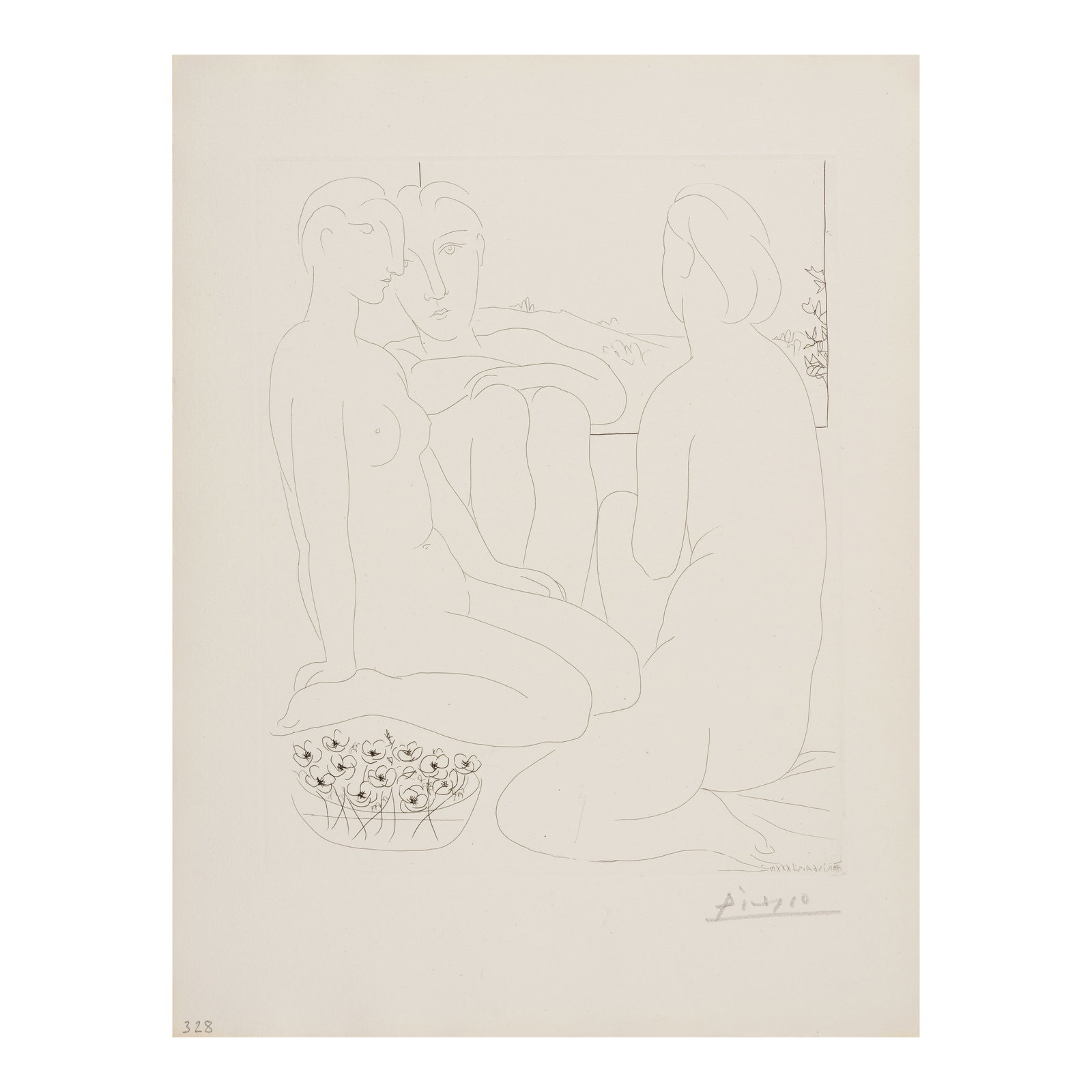 Pablo Picasso (1881-1973); Trois Femmes nue près d'une fenêtre, pl. 67, from La Suite ...: Pablo Picasso (1881-1973) Trois Femmes nue près d'une fenêtre, pl. 67, from La Suite Vollard (Bloch 176, Baer 329), 1933 Etching on Montval laid paper, signed in pencil, from the edition of