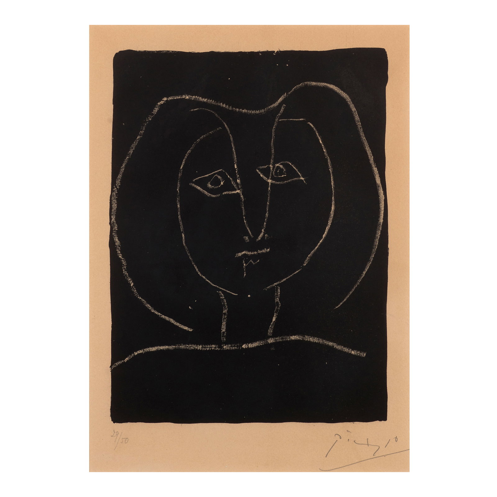 Pablo Picasso (1881-1973); Tête de femme stylisée fond noir;: Pablo Picasso (1881-1973) Tête de femme stylisée fond noir (Bloch 377, Mourlot 3), 1945 Lithograph on wove paper, signed in pencil and numbered 29/50, printed by Atelier Mourlot, Paris, with