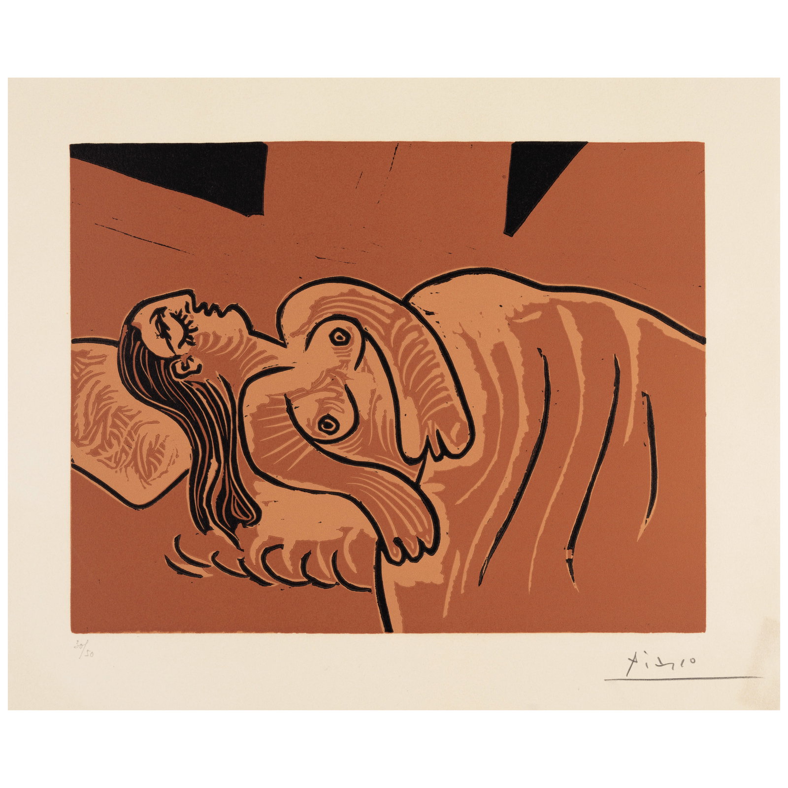 Pablo Picasso (1881-1973); Dormeuse (Femme endormie);: Pablo Picasso (1881-1973) Dormeuse (Femme endormie) (Bloch 1083, Baer 1319), 1962 Linocut in colors on Arches paper, signed in pencil and numbered 30/50 (there were 20 artist's proofs), published in 1