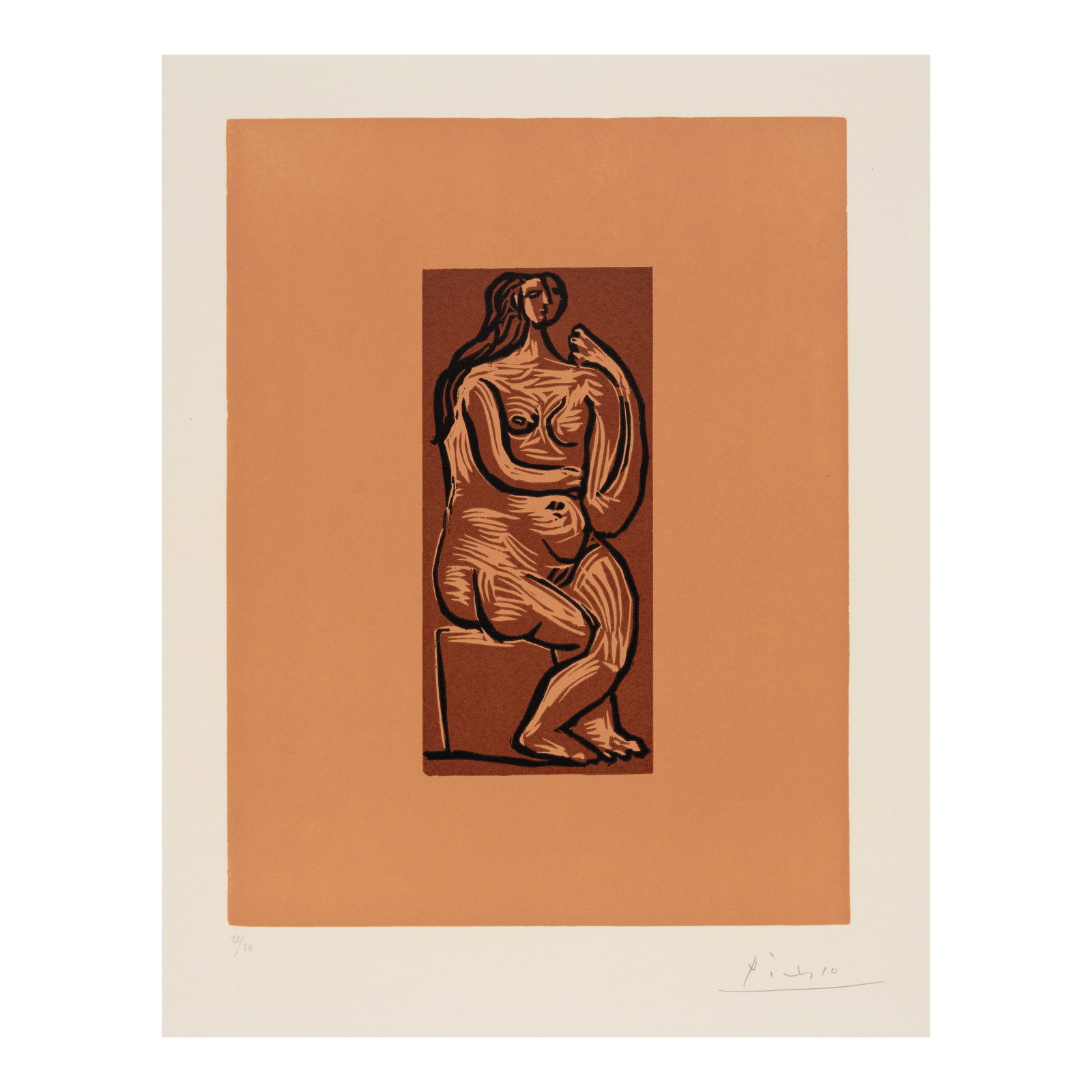 Pablo Picasso (1881-1973); Femme nue assise;: Pablo Picasso (1881-1973) Femme nue assise (Bloch 1086, Baer 1330), 1962 Linocut in colors on Arches paper, signed in pencil and numbered 12/50 (there were also 20 artist's proofs), published in 1963