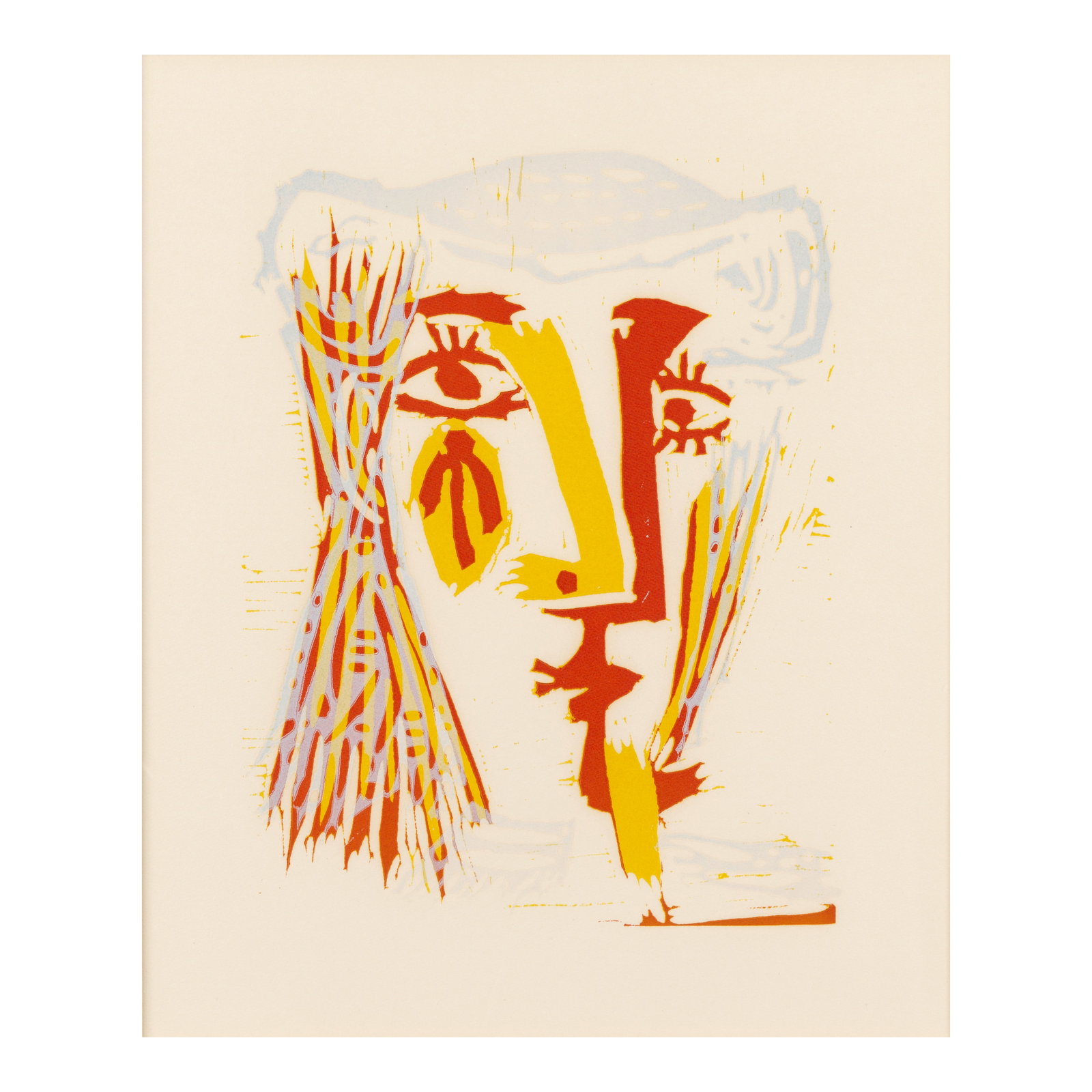 Pablo Picasso (1881-1973); Femme au chapeau de paille bleue;: Pablo Picasso (1881-1973) Femme au chapeau de paille bleue (not in Bloch, Baer 1282II.b.2), 1962 Linocut in yellow, blue and red on Arches paper, Baer's second state, an unpublished proof (Baer record