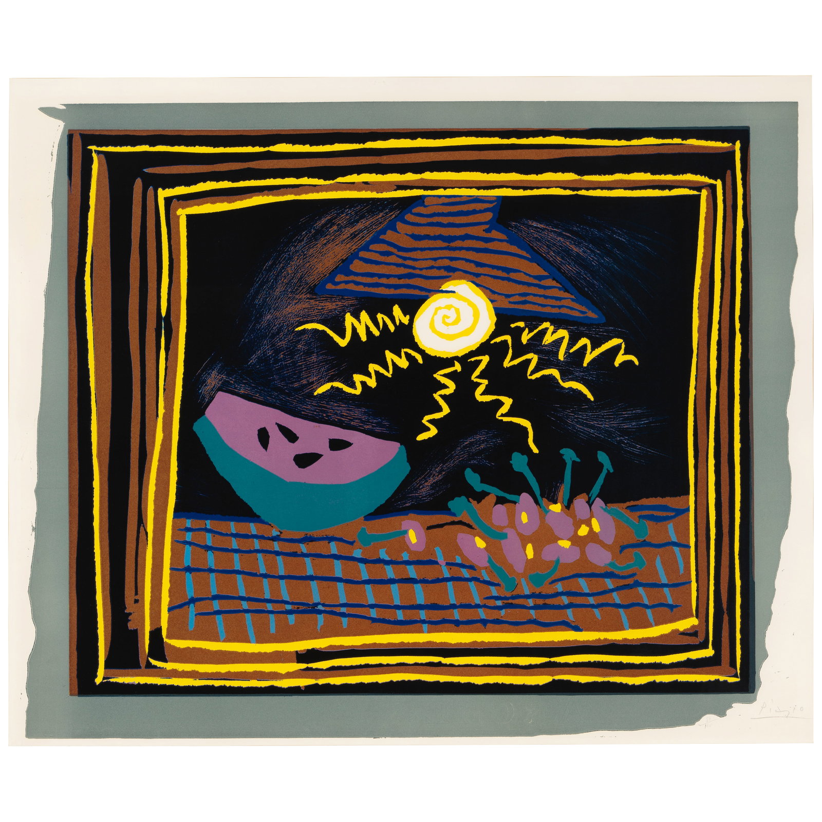 Pablo Picasso (1881-1973); Nature morte à la pastèque;: Pablo Picasso (1881-1973) Nature morte à la pastèque (Bloch 1098, Baer 1301), 1962 Linocut in colors on Arches paper, signed in pencil and numbered 84/160 (there were also 20 artist's proofs