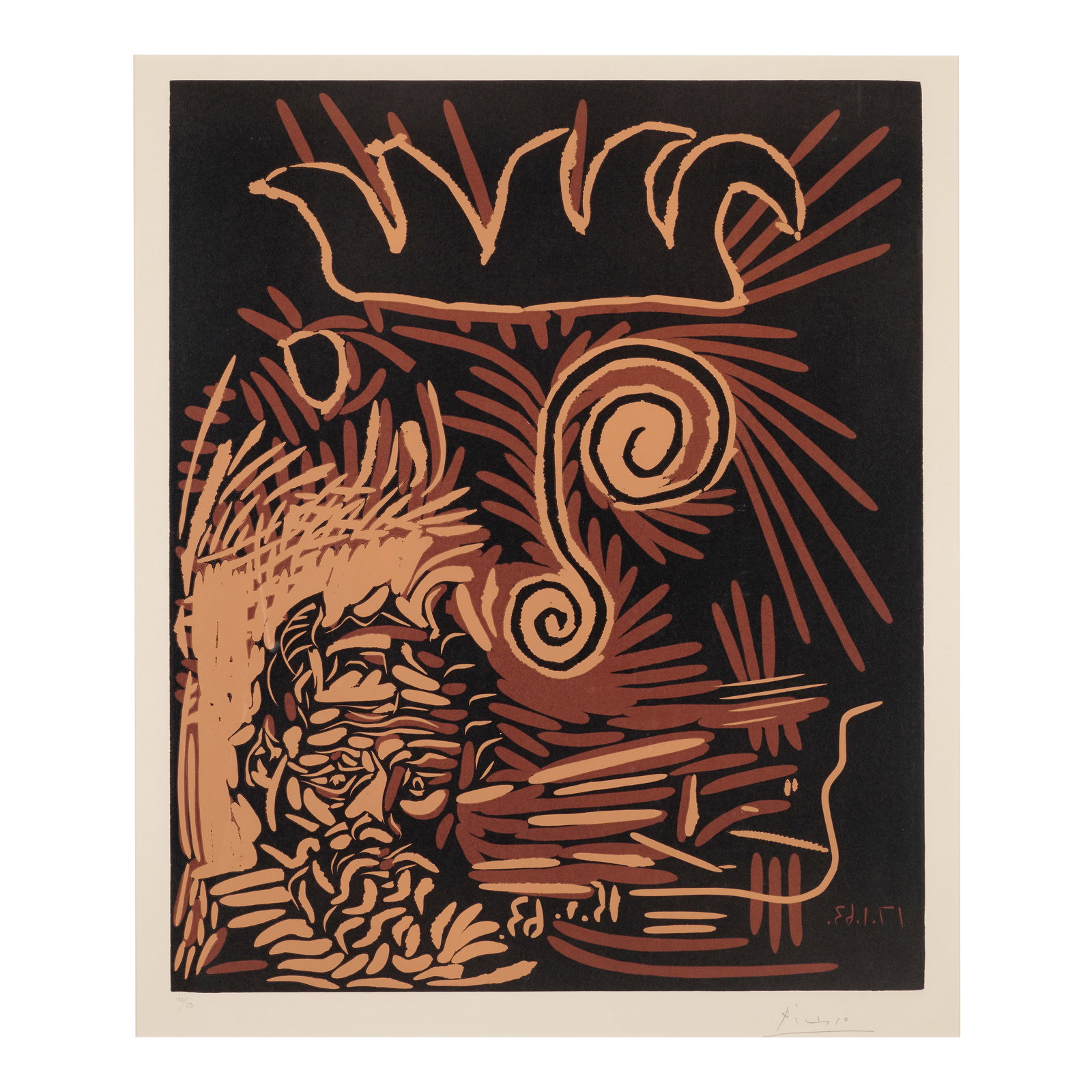 Pablo Picasso (1881-1973); Têtes;: Pablo Picasso (1881-1973) Têtes (Bloch 1104, Baer 1338), 1963 Linocut in colors on Arches paper, signed in pencil and numbered 12/50, published by Galerie Louise Leiris, Paris, with full margins,