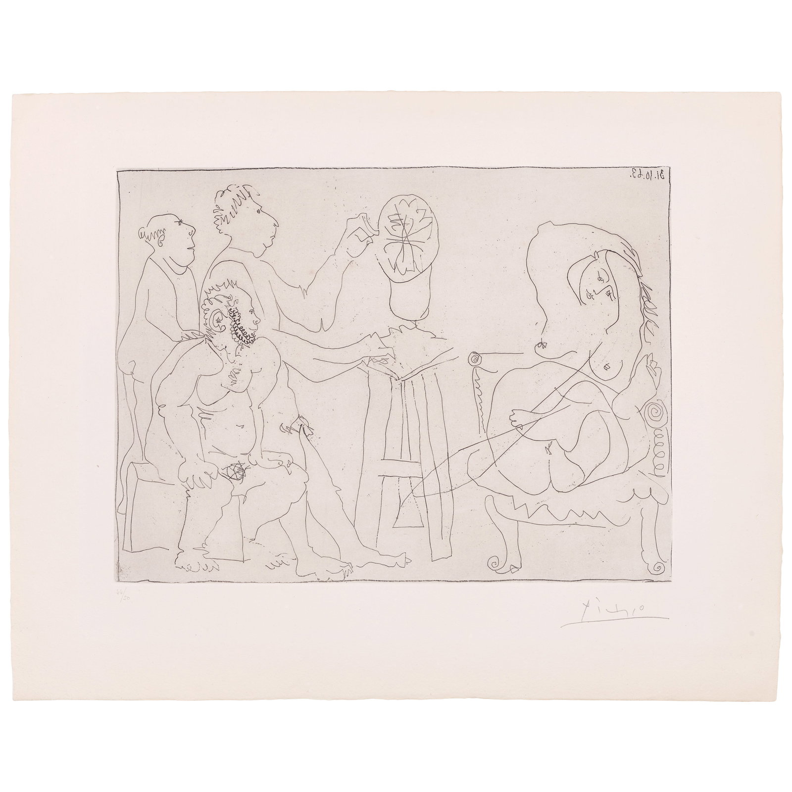 Pablo Picasso (1881-1973); Sculpteur, modèle et deux spectateurs;: Pablo Picasso (1881-1973) Sculpteur, modèle et deux spectateurs (Bloch 1118, Baer 1112), 1963 Etching on wove paper with Richard de Bas watermark, signed in pencil and numbered 44/50 (there were