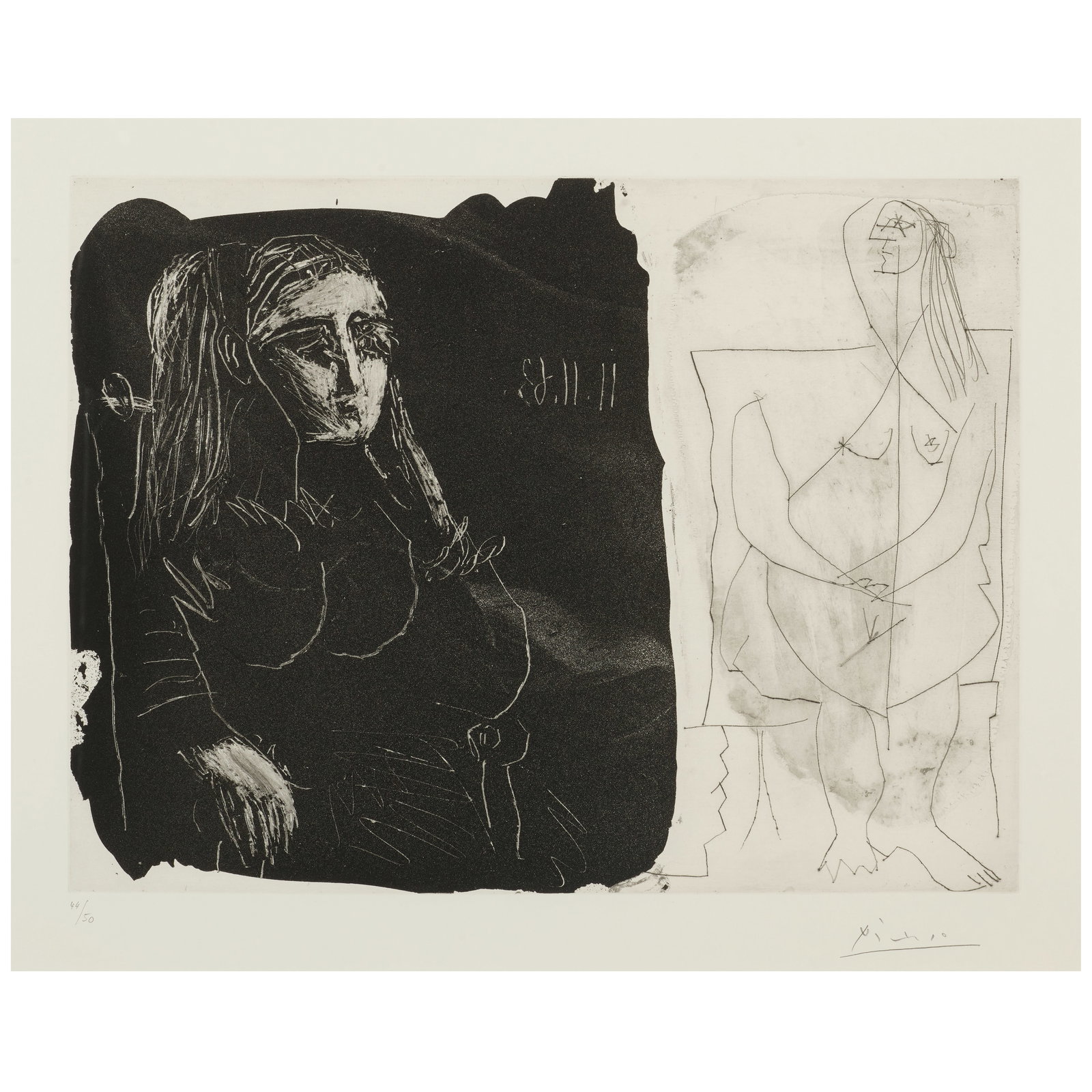 Pablo Picasso (1881-1973); Femme au Fauteauil et nu assis;: Pablo Picasso (1881-1973) Femme au Fauteauil et nu assis (Bloch 1127, Baer 1122), 1963 Aquatint and etching on wove paper, signed in pencil and numbered 44/50, published by Galerie Louise Leiris, Pari