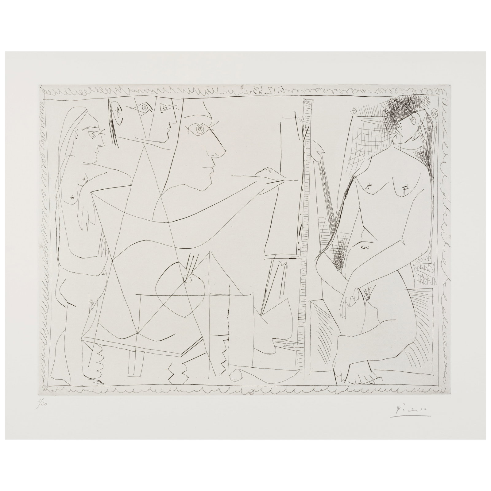 Pablo Picasso (1881-1973); Peintre et Modèle, avec une Spectatrice (Dans L'Atelier);: Pablo Picasso (1881-1973) Peintre et Modèle, avec une Spectatrice (Dans L'Atelier) (Bloch 1140, Baer 1138), 1963 Etching and drypoint on wove paper, signed in pencil and numbered 9/50 (there were