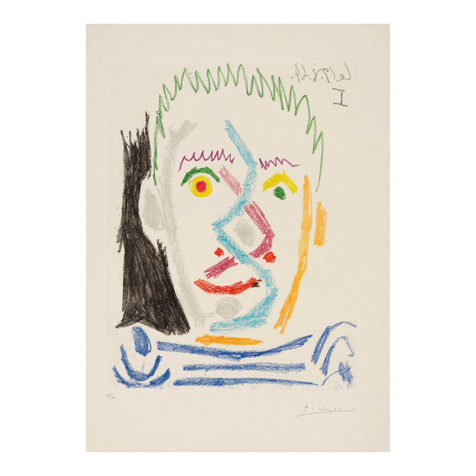 Pablo Picasso (1881-1973); Tête d'homme au maillot rayé (Tête);: Pablo Picasso (1881-1973) Tête d'homme au maillot rayé (Tête) (Bloch 1164, Baer 1164), 1964 Soft-ground etching in colors on Auvergne Richard de Bas paper, signed in pencil and numbered
