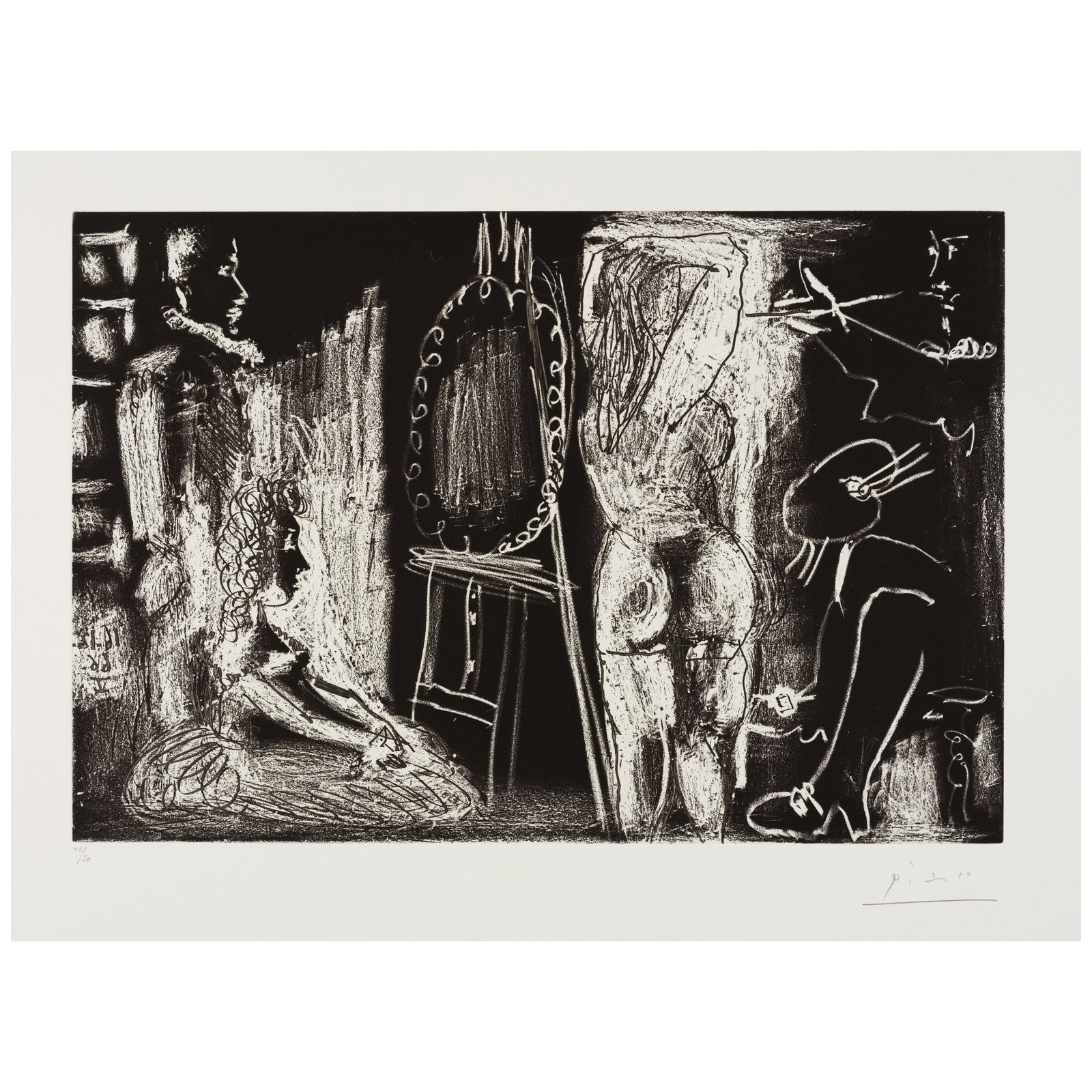 Pablo Picasso (1881-1973); Visiteurs dans l'atelier (Dans l'atelier) ;: Pablo Picasso (1881-1973) Visiteurs dans l'atelier (Dans l'atelier) (Bloch 1399, Baer 1472), 1966 Etching and aquatint on Rives BFK paper, signed in pencil and numbered 12/50 (there were also 15 arti