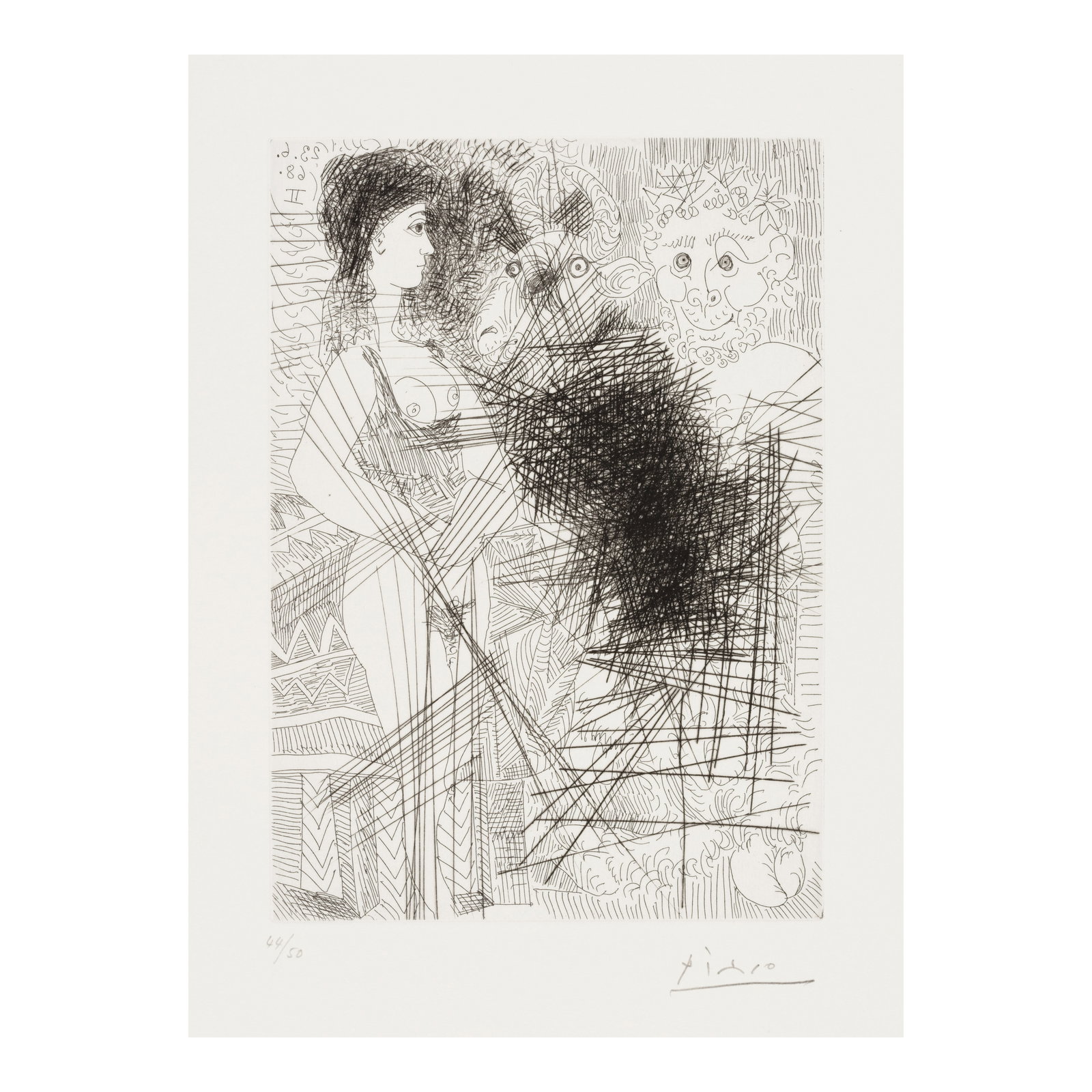 Pablo Picasso (1881-1973); Jeune femme en liquette, faune et tête de bouc, from La Sér...: Pablo Picasso (1881-1973) Jeune femme en liquette, faune et tête de bouc, from La Série 347 (Bloch 1662, Baer 1678), 1968 Etching on Rives BFK, signed in pencil and numbered 44/50, published