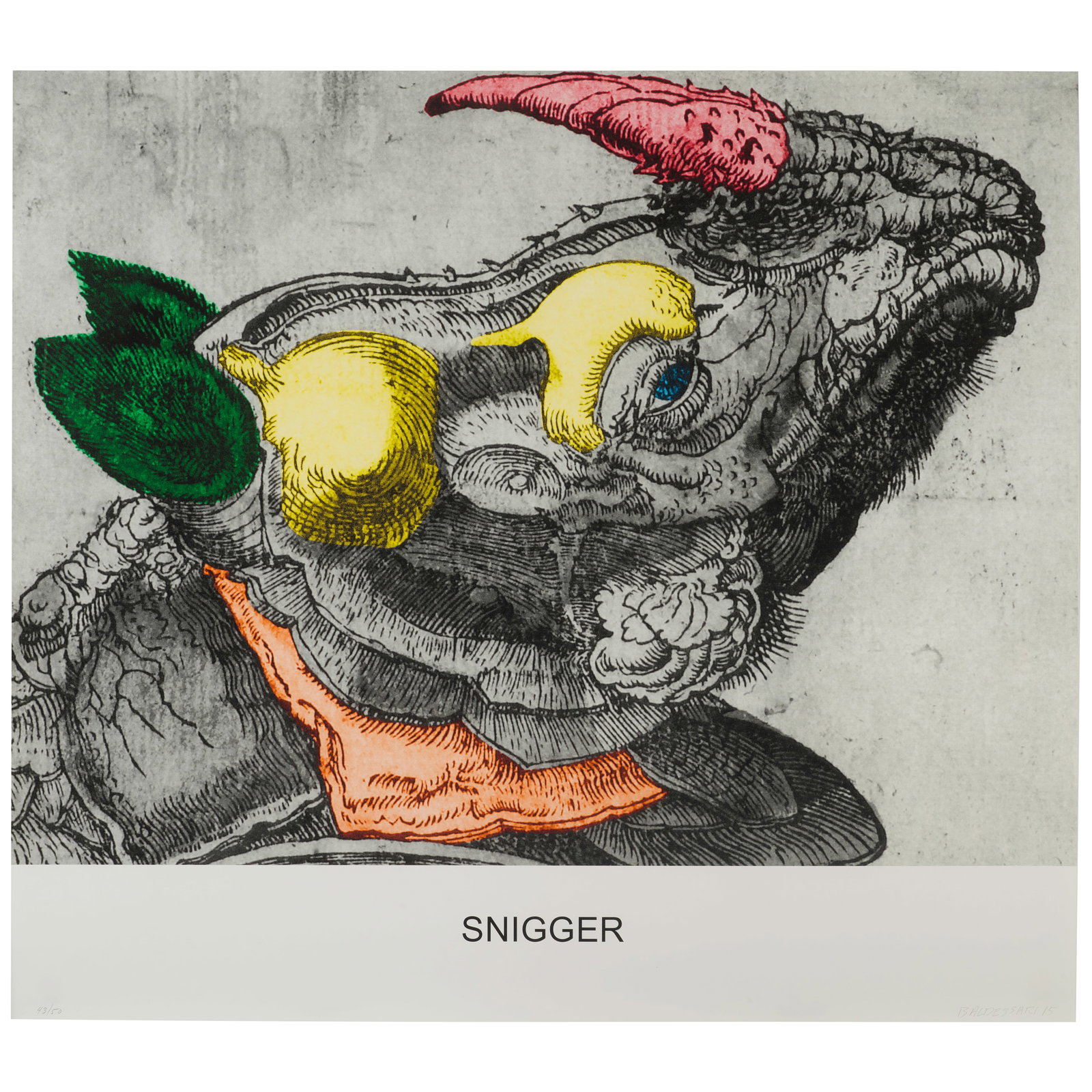 John Baldessari (1931-2020); Snigger, from Engravings with Sounds;: John Baldessari (1931-2020) Snigger, from Engravings with Sounds, 2015 Archival inkjet print in colors on wove paper, signed in pencil, dated and numbered 43/50, with the blindstamp of the publisher/p