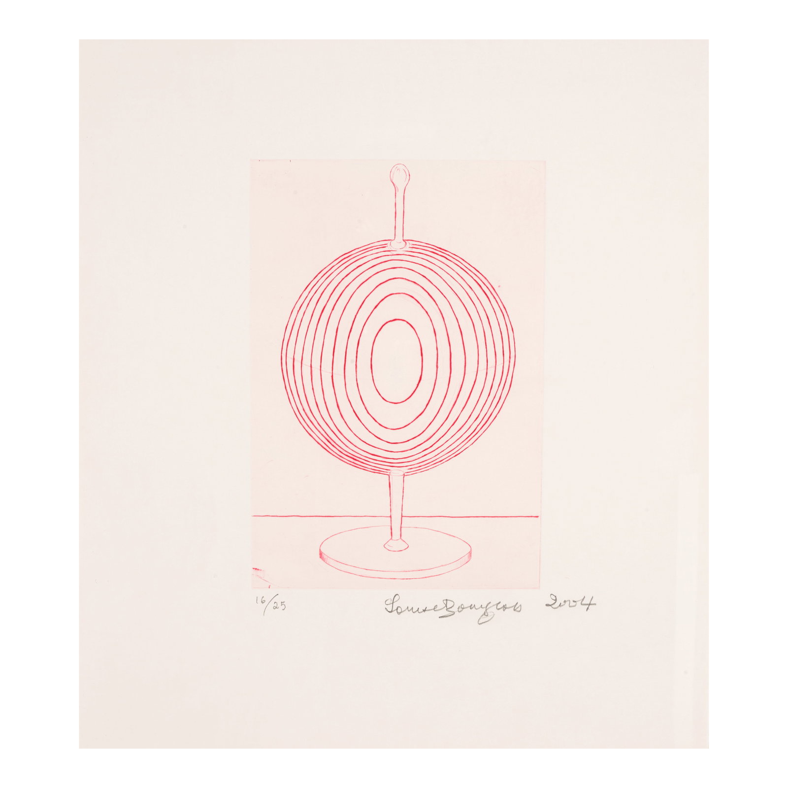 Louise Bourgeois (1911-2010); Glass Object;: Louise Bourgeois (1911-2010) Glass Object (Wye 528), 2004 Drypoint in red on wove paper, signed in pencil, dated and numbered 16/25 (there were also 7 artist's proofs), published/printed by Harlan & W