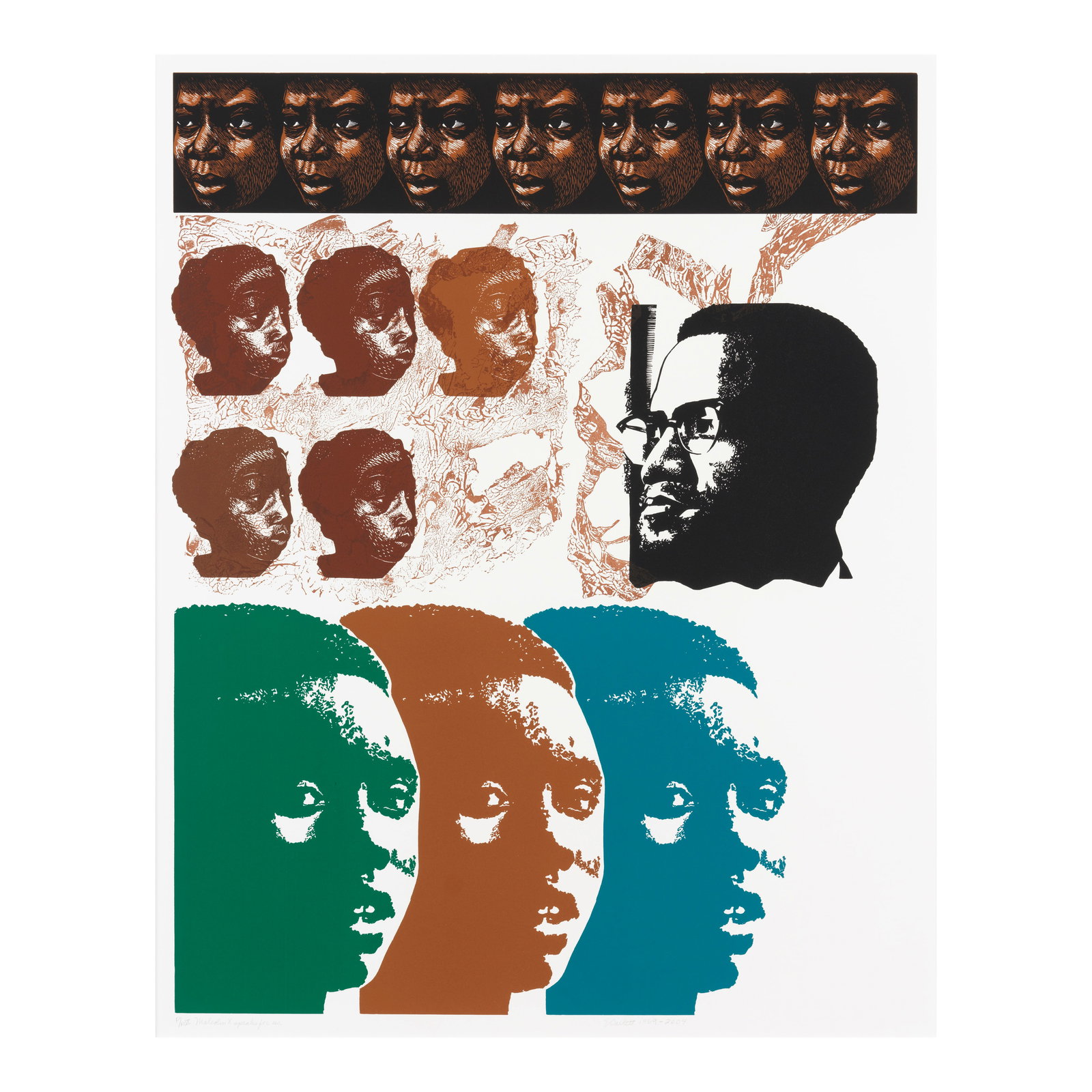 Elizabeth Catlett (1915-2012); Malcolm X Speaks for Us;: Elizabeth Catlett (1915-2012) Malcolm X Speaks for Us, 1969-2004 Linocut in colors on wove paper, signed in pencil, titled, dated and annotated 'PP VX' (a printer's proof, aside from the edition of 60