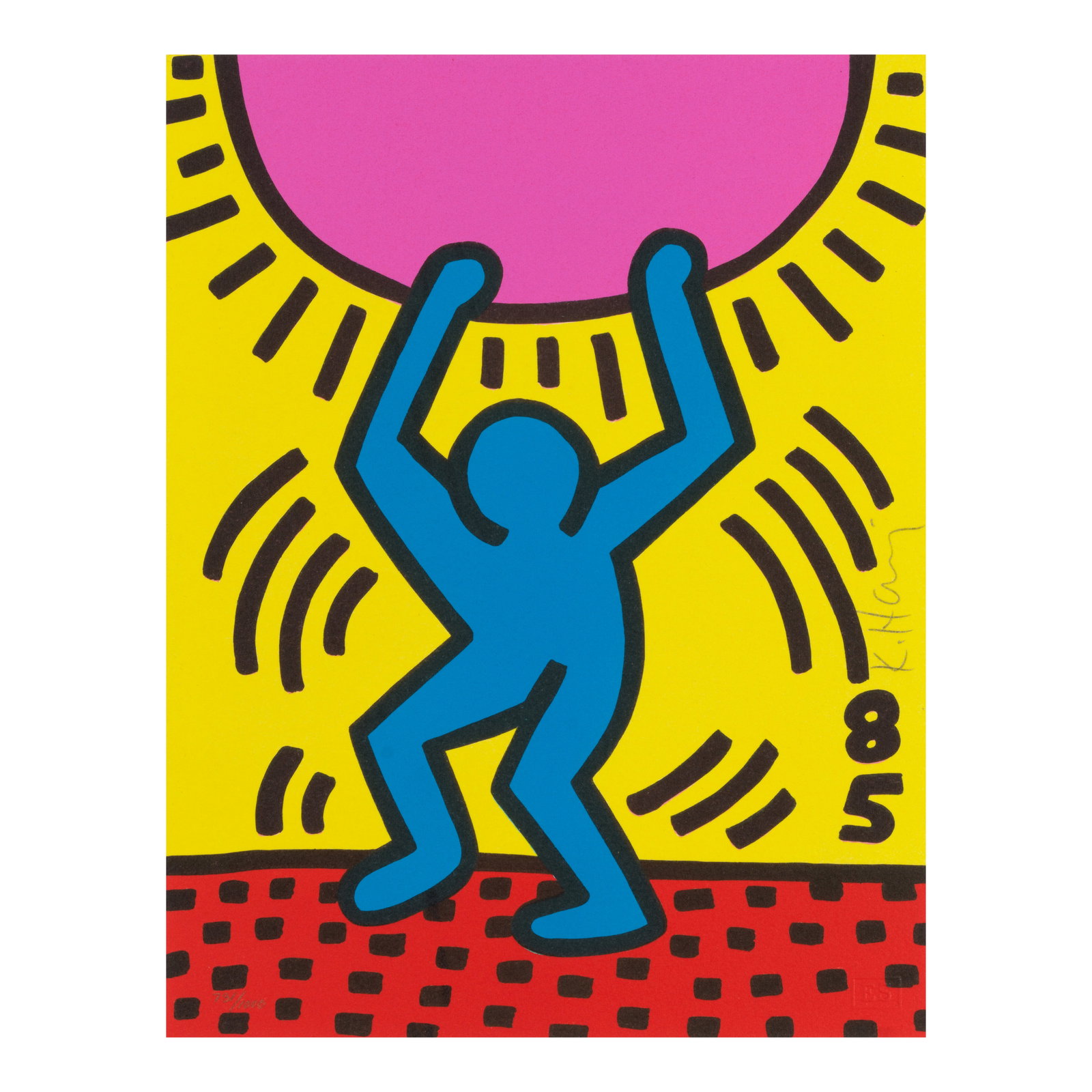 Keith Haring (1958-1990); International Youth Year;: Keith Haring (1958-1990) International Youth Year (Littman p.37), 1985 Lithograph in colors on wove paper, signed in pencil and numbered 731/1000, with the inkstamp on the reverse of the publisher, Th