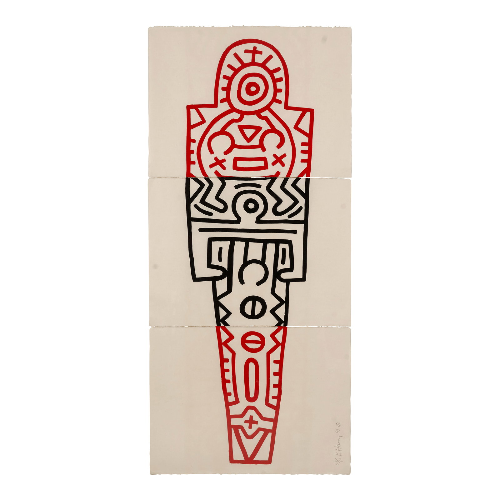 Keith Haring (1958-1990); Totem;: Keith Haring (1958-1990) Totem (Littmann pp.158-159), 1989 Woodcut in colors on three sheets of Japan paper, signed in pencil, dated and numbered 53/60 (there were also 12 artist's proofs), published